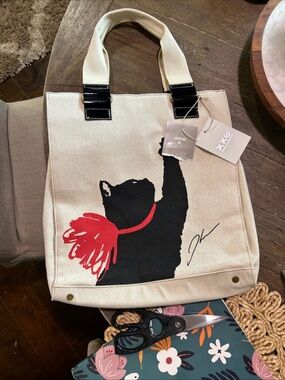 Jason Wu Cream Canvas Tote with Black Cat and Red Scarf-rare find with tags!!!